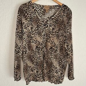 NEW 2 TOPS Choices Woman 1X Animal Print Button Up Blouse Top Accordion Brown